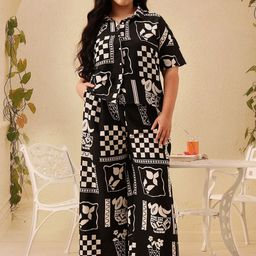 CURVY STREET Printed Shirt Collar Pure Cotton Shirt With Trousers Co-Ords-image-19