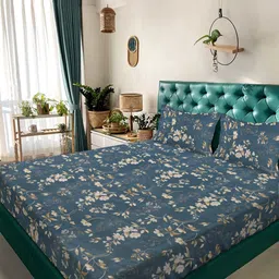Arrabi Blue & Brown Floral Printed 350 TC King Bedsheet Set 2.70 m x 2.60 m-image-99