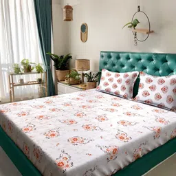 KLOTTHE Orange Floral 400 TC Pure Cotton Double Bedsheet with 2 Pillow Covers-picture-37