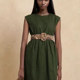 RAREISM RONAS PRIMARY OLIVEWomen A-Line Above Knee Dress With Belt-image-26
