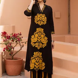 KALINI Floral Printed Mandarin Collar Straight Kurta With Palazzos-image-48