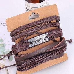 Ringzinnie Men Set Of 5 Leather Believe Wrap Layered Wraparound Bracelet-16