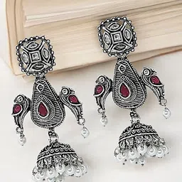 FEMMIBELLA Silver-Plated Dome Shaped Stone Studded & Beaded Oxidized Jhumkas-33