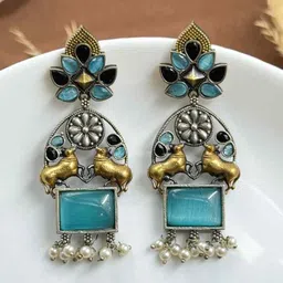 NAMAN ARTS Silver-Plated Artificial Stones Studded And Beaded Contemporary Drop Earrings-54