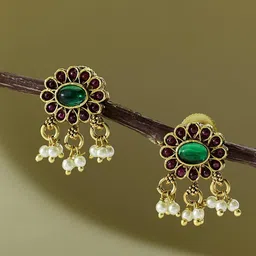 Fabindia Artificial Stones Studded And Beaded Floral Drop Earrings-24