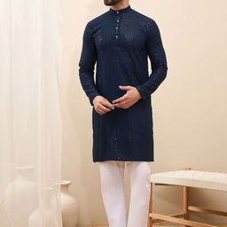 House of Pataudi Woven Design Mandarin Collar Sequinned Straight Kurta-picture-31