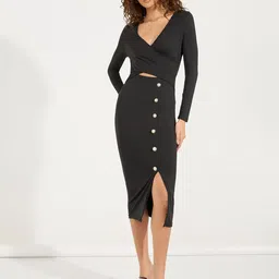Styli Women Button Detail Front Slit Bodycon Midi Dress-image-22