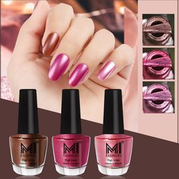 MI FASHION Set of 3 High Shine Long-Lasting Nail Lacquer 12 ml Each - Brown Coffee 05 - Metallic Red 06 - Metallic Pink 47-16
