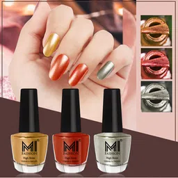 MI FASHION Set of 3 High Shine Long-Lasting Nail Lacquer12 ml Each - Gold Chrome 59 - Red Gold 60 - Metallic Green 67-39