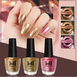 MI FASHION Set of 3 High Shine Long-Lasting Nail Lacquer 12 ml Each - Golden 43 - Metallic Golden 45 - Metallic Pink 47-23