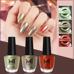 MI FASHION Set of 3 High Shine Long-Lasting Nail Lacquer 12 ml Each - Metallic Olive Green 11- Ginger Rust 12 - Red Gold 60-1