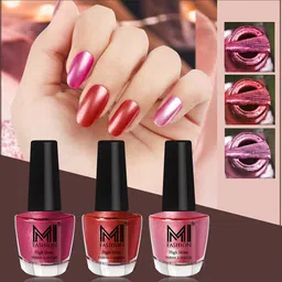 MI FASHION Set of 3 High Shine Long-Lasting Nail Lacquer 12 ml Each -Metallic Red 06 - Reddish Bronze 07 - Metallic Pink 47-51