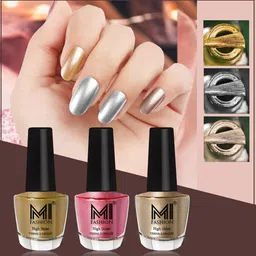 MI FASHION Set of 3 High Shine Long-Lasting Nail Lacquer 12 ml Each -Metallic Silver 46 - Metallic Pink 47 - Light Golden 13-16