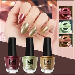 MI FASHION Set of 3 High Shine Long-Lasting Nail Lacquer 12 ml Each - Metallic Maroon 10 - Metallic Olive Green 11 - Golden 43-26
