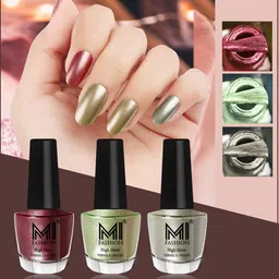 MI FASHION Set of 3 High Shine Long-Lasting Nail Lacquer 12 ml Each -Metallic Maroon 10 - Metallic Olive Green 11 - Metallic Green 67-14