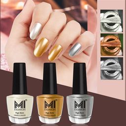 MI FASHION Set of 3 High Shine Long-Lasting Nail Lacquer 12 ml Each -Pearly White Chrome 58 - Gold Chrome 59 - Metallic Silver 46-9