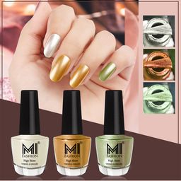 MI FASHION Set of 3 High Shine Long-Lasting Nail Lacquer 12 ml Each - Pearly White Chrome 58 - Gold Chrome 59 - Metallic Olive Green 11-2