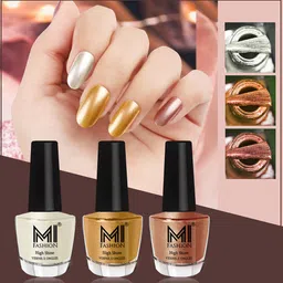 MI FASHION Set of 3 High Shine Long-Lasting Nail Lacquer 12 ml Each - Pearly White Chrome 58 - Gold Chrome 59 - Bronze Magnetic 62-7