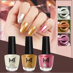 MI FASHION Set of 3 High Shine Long-Lasting Nail Lacquer 12 ml Each - Pearly White Chrome 58 - Gold Chrome 59 - Metallic Pink 47-3