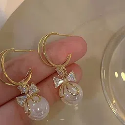 Celestique Pearls Beaded Korean Crescent Shaped Half Hoop Earrings-image-59