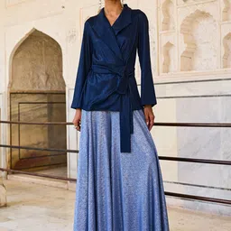 Dash and Dot Shawl Neck Wrap & Flare Top With Skirt-17