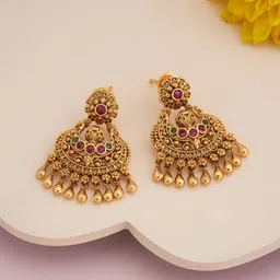 Kushal's Fashion Jewellery Gold-Plated Crescent Shaped Antique Stones Studded Chandbalis-22