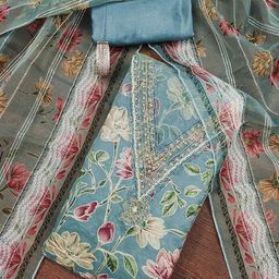 Maroosh Floral Printed V Neck Stones And Beads Work Organza Unstitched Dress Material-image-91