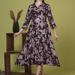FASHOR Women Abstract Foil Printed Belted Shirt Midi Dress-image-29