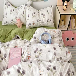 JC HOME Green & White Cartoon Characters Polycotton 3 Piece Double King Regular Bedding Set-image-85