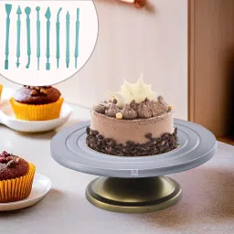 Plastic 360° Smooth Rotating Cake Stand with 8 Fondant Sticks | Silver & Gold Silver Cake Server-picture-0