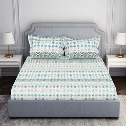 SPACES White & Turquoise Blue Geometric 130 TC Queen Bedsheet with 2 Pillow Covers-12