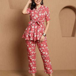 Sangria Pink Floral Printed Notched Lapel Collar Pure Cotton Tunic With Trousers-16