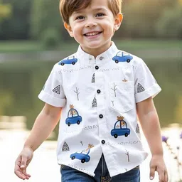 KIDGARB Boys White & Blue Graphic Printed Short Sleeve Casual Shirt.-picture-24