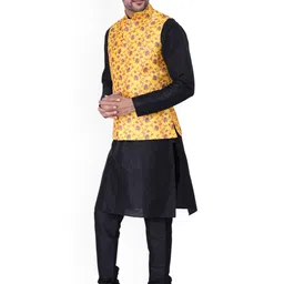 Sadree Mandarin Collar Dupion Silk Kurta And Churidar With Nehru Jacket Set image 3