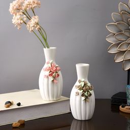 TAYHAA White & Beige 2 Pieces Textured Ceramic Flower Vases-23