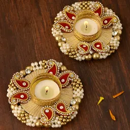 Myntra Elegant Homes Gold-Toned & Maroon Set of 2 Candle Holder-19