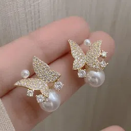 PASU FASHION Gold-Plated Pearls Beaded Butterfly Quirky Shaped Drop Earrings-38