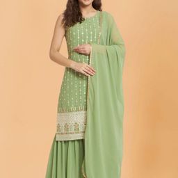PARROT CREATION Women Embroidered Sequinned Kurti with Sharara & Dupatta-image-6
