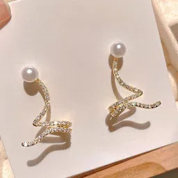 Celestria Korean Artificial Stones Studded Beaded Contemporary Drop Earrings-8