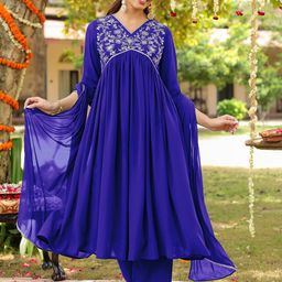 Janasya Women Floral Yoke Design Empire Sequinned A-Line Kurta with Palazzos & Dupatta-picture-32