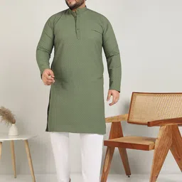 ADWYN PETER Plus Size Geometric Woven Design Printed Mandarin Collar Pure Cotton Kurta-image-70