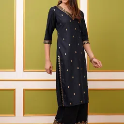 Vishudh Navy Blue Ethnic Motifs Printed Regular Kurta With Palazzos & Dupatta image 5