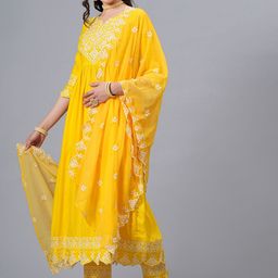 NEW4U Floral Embroidered Regular Sequinned Anarkali Kurta With Palazzos & Dupatta image 4