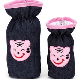 Babyhug Velour Bottle Cover Denim Animal Face Motif Set of 2 - Navy Blue And Pink-20