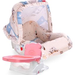 Babyhug Spring 5 in 1 Carry Cot Cum Rocker With Mosquito Net - Cream AND Babyhug Raise Me Up Baby Booster Seat With Adjustable Food Tray & 3 Point Safety Harness - Pink White-1