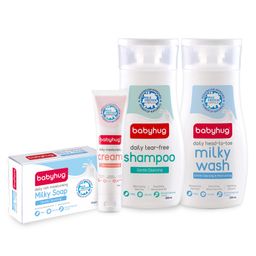 Babyhug Cream 100 ml , Moisturizing Bathing bar 125gm,  Shampoo 200 ml, Milky wash 200 ml-image-91