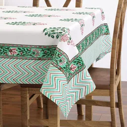 BLOCKS OF INDIA White & Green Block Print Pure Cotton Rectangular 6 Seater Table Cover image 2