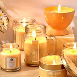 Home Centre Yellow Lemon Grass Scented Ribbed Jar Candle image 3