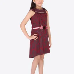 CUTECUMBER Maroon Floral Jacquard Dress With Sling Bag image 4