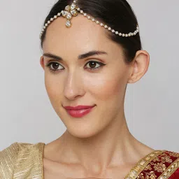 OOMPH Gold-Toned White Kundan-Studded Pearl Beaded Handcrafted Matha Patti-5